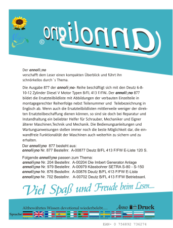 Deutz Diesel V-Motor Serie B/FL 413 F/FW 6-12 Zylinder 1980 Ersatzteilliste & Explosionszeichnungen ENGLISCH - annoligno 877